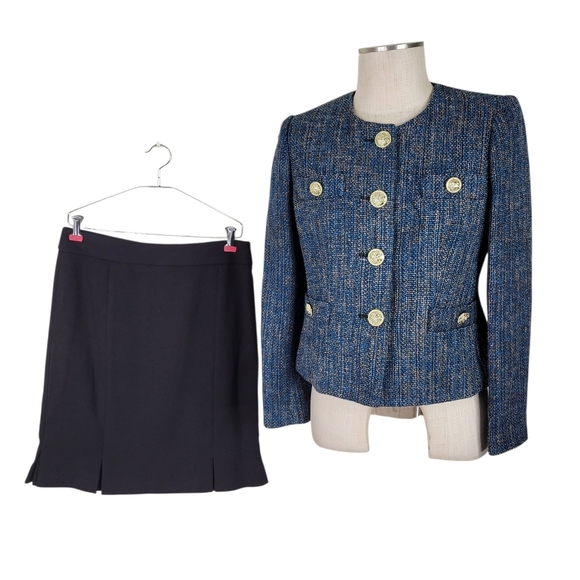 Kasper Skirt Suit Size 8P Blue Black Gold Tweed Blazer 4 Pockets Slit Hem Skirt - Picture 1 of 9